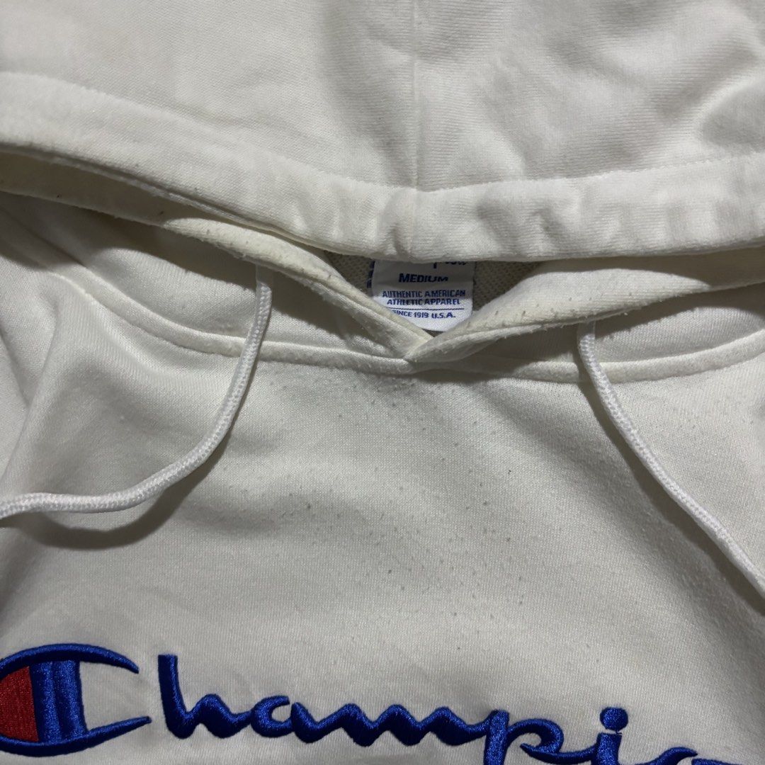 CHAMPION EMBROID SCRIPT WHITE HOODIE (Category: Hoodies) located in Taytay. Submitted by dwinsapparel (Listing ID 1467937229, Image 3). Description: CHAMPION EMBROID SCRIPT WHITE HOODIE W-23 L-25 EXCELLENT CONDITION NEED WASH COMPLETE TAGS.