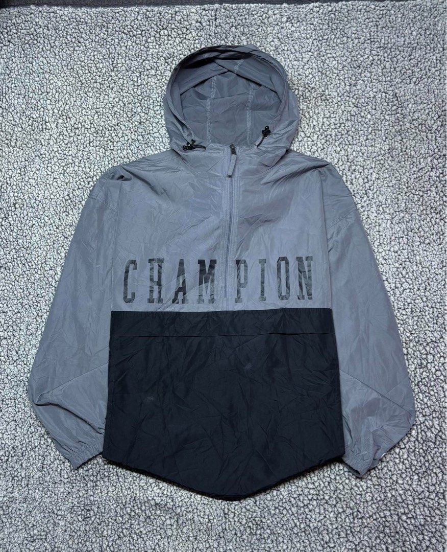 Champion Script Kangaroo Pocket Lightweight Windbreaker (Category: Hoodies) located in Tayabas. Submitted by retro.rags69 (Listing ID 1467847031, Image 1). Description: • Excellent condition • Color rate: 9.5/10 • width: 26.5 • length: 30 • No Issue • Printed Logo Design • Two-tone Colorway • Packable can turn into small pouch • Best Fit: XL-2XL.