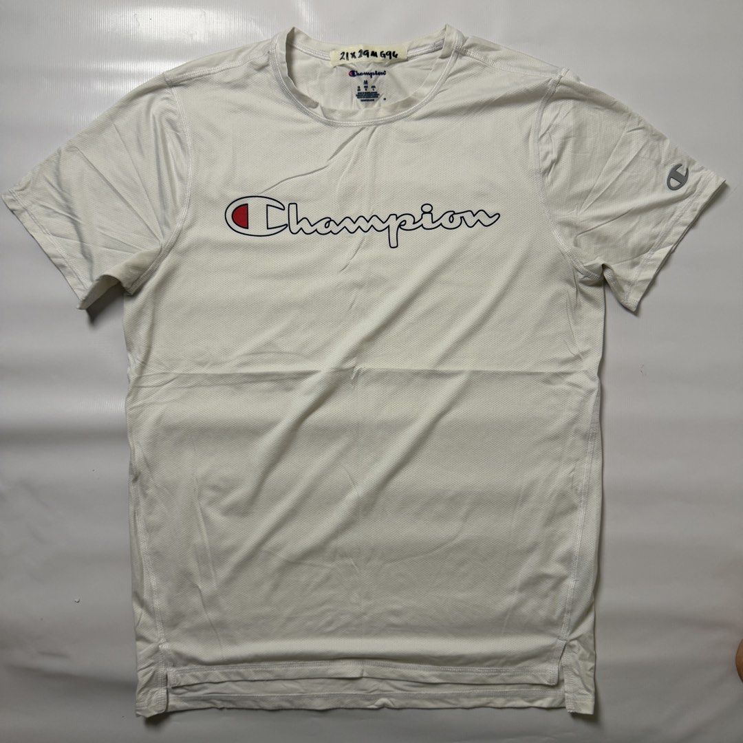 Champion White Script Logo Athletic T-Shirt Size M (Category: Tshirts & Polo Shirts ) located in Gapan. Submitted by rasthriftshop17 (Listing ID 1468000633, Image 1). Description: Size on tag: M Dimes: 21 x 29 Condition: Excellent Color rate: 9/10 Issue: None.