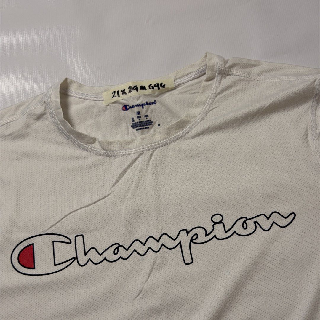 Champion White Script Logo Athletic T-Shirt Size M (Category: Tshirts & Polo Shirts ) located in Gapan. Submitted by rasthriftshop17 (Listing ID 1468000633, Image 2). Description: Size on tag: M Dimes: 21 x 29 Condition: Excellent Color rate: 9/10 Issue: None.