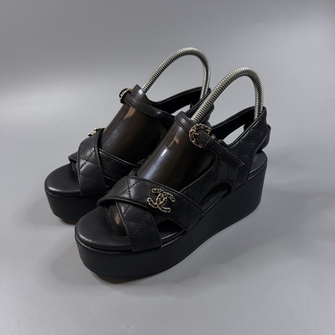Chanel - Lambskin Quilted CC Platform Sandals (Category: Wedges) located in Paranaque City. Submitted by millennial_goodz (Listing ID 1468015295, Image 3). Description: WTS Chanel - Lambskin Quilted CC Platform Sandals Size 37 C Excellent to new condition Ready to wear - Presentable Pair itself only P2,999 only DM.