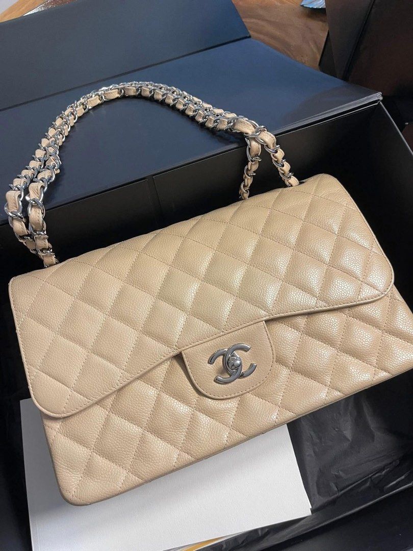 Chanel Classic Double Flap Jumbo (Category: Luxury Bags & Wallets) located in Manila. Submitted by luxxeselling (Listing ID 1468019255, Image 3). Description: 🚨 RUSH SALE! 🚨 Chanel Classic Double Flap Jumbo Color: Beige Material: Caviar Leather Hardware: Silver Hardware ✨ Complete and full set with Entrupy certificate of authenticity! Hindi masyadong nagamit 'to. Ikaw na ang next owner. 💰 SPECIAL PRICE DROP: Was: Php 360,000 Now Only: Php 340,