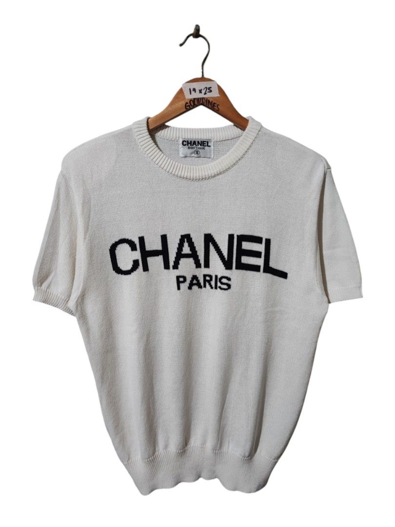 CHANEL PARIS KNITTED SHIRT (Category: Shirts) located in Iloilo. Submitted by gooddimes (Listing ID 1468040617, Image 1). Description: Chanel Paris Knitted Shirt Stretchable With paddings on shoulder part Size on tag: Dimes: 19Wx25L Issue/s: None, need wash Color rate: 9.8/10 Excellent condition ₱1,000 Reminders: - All items are thrifted, please manage your expectations - Color may vary due to lighting - Please wash before using the item - Due to