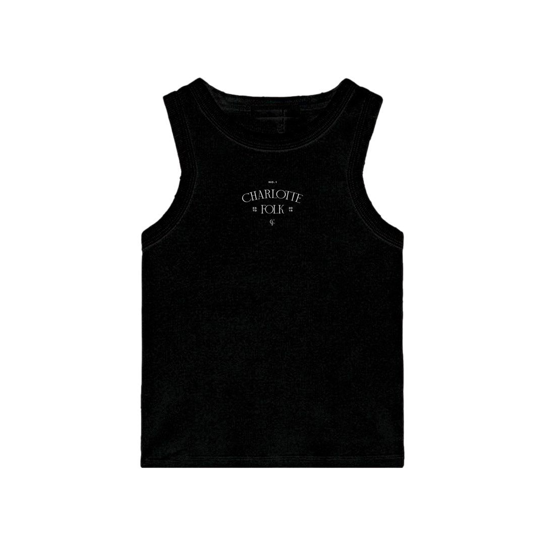 Charlotte Folk Core Tank Top (Black) (Category: Sleeveless) located in Pasig City. Submitted by luckyvicky_ (Listing ID 1467914599, Image 1). Description: - Brand: Charlotte Folk - Color: Black with white logo print on the chest - Fit: Fitted silhouette, cropped length, racerback style - Material: Soft, stretchy cotton blend for all-day comfort - Styling: Pairs easily with high-waisted jeans or skirts.