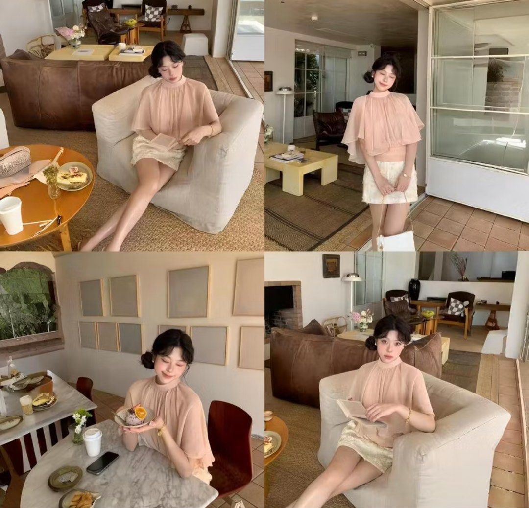 Chiffon Cape Sleeve Mock Neck Pink Blouse (Category: Blouses) located in Manila. Submitted by soundofcheollie (Listing ID 1467906357, Image 3). Description: Pink chiffon blouse with layered cape sleeves and mock neckline. Fitted cinched waist detail. Soft pastel color works great for casual outings or café dates. Lightweight flowy fabric. size: S .