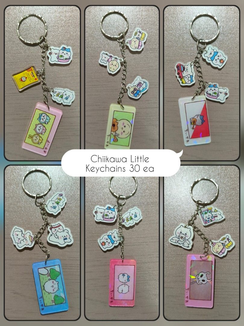 Chiikawa Anime Character Acrylic Keychain Charms (Category: Character Goods) located in Rizal. Submitted by cc_xixi (Listing ID 1468033909, Image 1). Description: - Cute Chiikawa keychains with multiple colorful charms - Features Chiikawa, Hachiware, and Usagi in fun scenes - Clear prints with a glossy finish on acrylic panels - Perfect for decorating bags, keys, or pencil cases.