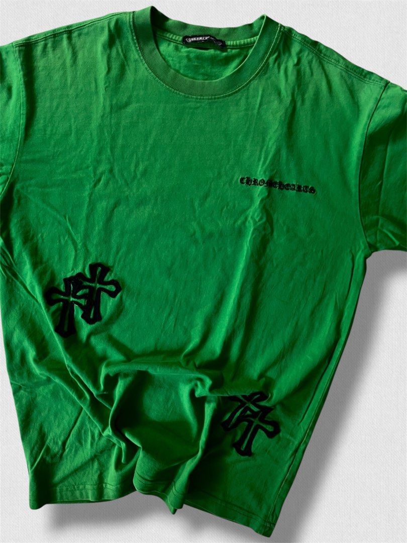 Chrome Hearts Green Cross Patch T-Shirt (Category: Tshirts & Polo Shirts ) located in Cebu City. Submitted by northdrip.threadd (Listing ID 1467903488, Image 2). Description: - Authentic Chrome Hearts t-shirt in a vibrant bright green color - Features iconic black leather cross patches scattered across the front and back - Small script logo printed on the chest - Classic crew neck collar and short sleeves - 100% cotton fabric with a stylish, slig