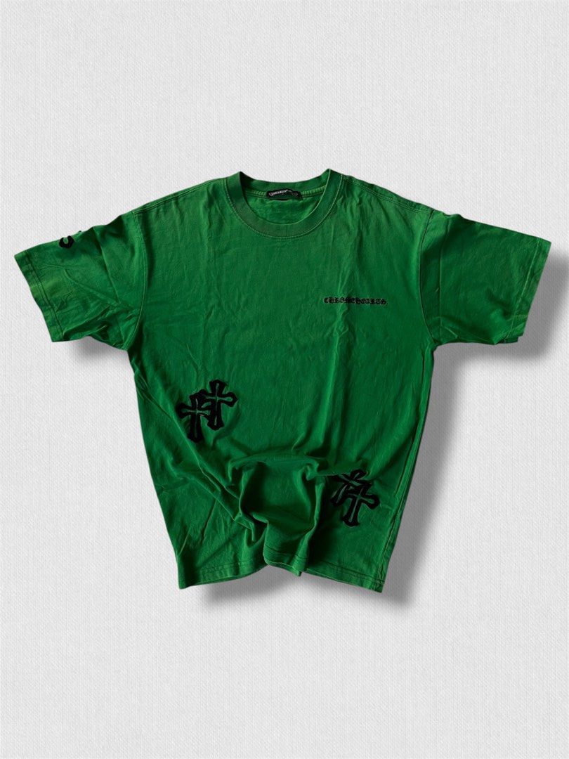 Chrome Hearts Green Cross Patch T-Shirt (Category: Tshirts & Polo Shirts ) located in Cebu City. Submitted by northdrip.threadd (Listing ID 1467903488, Image 1). Description: - Authentic Chrome Hearts t-shirt in a vibrant bright green color - Features iconic black leather cross patches scattered across the front and back - Small script logo printed on the chest - Classic crew neck collar and short sleeves - 100% cotton fabric with a stylish, slig