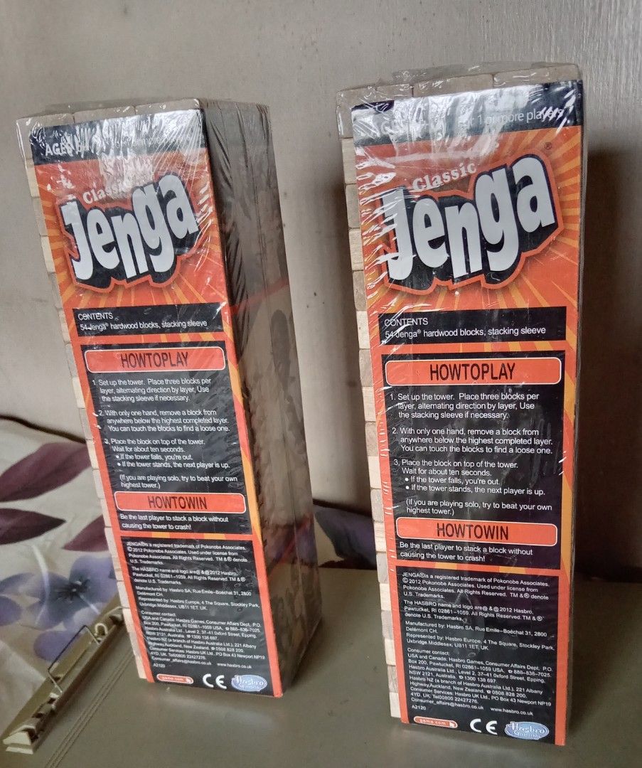 Classic Jenga Game Hasbro 54 Hardwood Blocks (Category: Board Games & Puzzles) located in Quezon City. Submitted by chacha30.s (Listing ID 1467923774, Image 1). Description: - Item: Classic Jenga Game - Quantity: 2 boxes available (buy 1 or take both!) - Includes: 54 sturdy hardwood blocks and stacking sleeve - For ages: 6 years old and up - Perfect for: Parties, family game nights, and gatherings - Condition: Brand new and complete . Text me at 