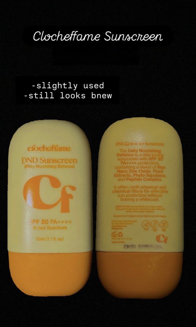 Clocheflame Sunscreen (Category: Face Care) located in Mandaluyong City. Submitted by xeraa1012 (Listing ID 1467888823, Image 1). Description: - Slightly used - Good as new - Not complatible for skin type.