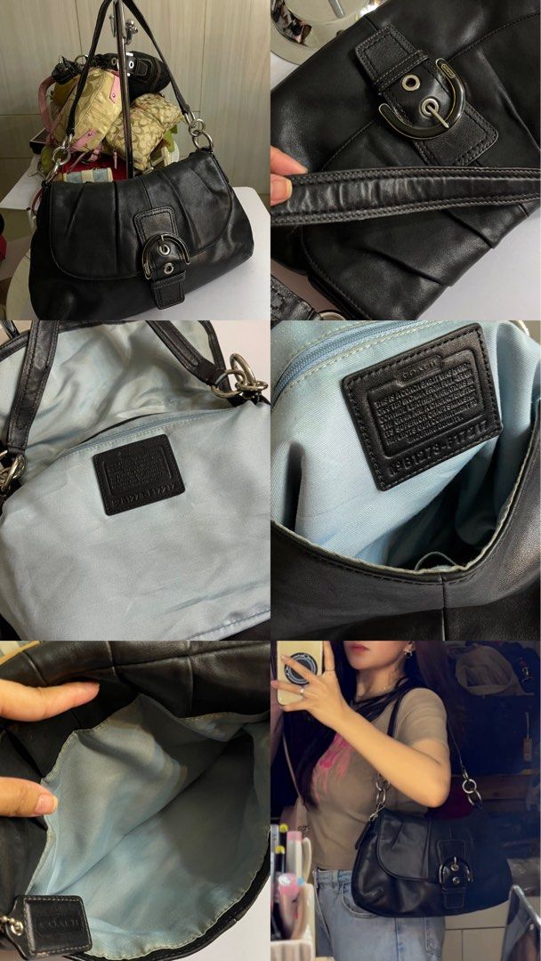 Coach Leather Shoulder Bag Brown & Black (Category: Luxury Bags & Wallets) located in Manila. Submitted by lycahatesyou (Listing ID 1467995851, Image 3). Description: - Authentic vintage-style Coach leather shoulder bag - Soft, slouchy body shape for comfortable everyday wear - Secure front buckle closure with stylish contrast stitching - Single strap design accented with sleek silver-tone hardware - Practical interior featuring a zip pocket and 