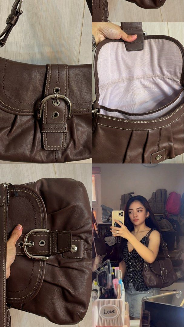 Coach Leather Shoulder Bag Brown & Black (Category: Luxury Bags & Wallets) located in Manila. Submitted by lycahatesyou (Listing ID 1467995851, Image 2). Description: - Authentic vintage-style Coach leather shoulder bag - Soft, slouchy body shape for comfortable everyday wear - Secure front buckle closure with stylish contrast stitching - Single strap design accented with sleek silver-tone hardware - Practical interior featuring a zip pocket and 