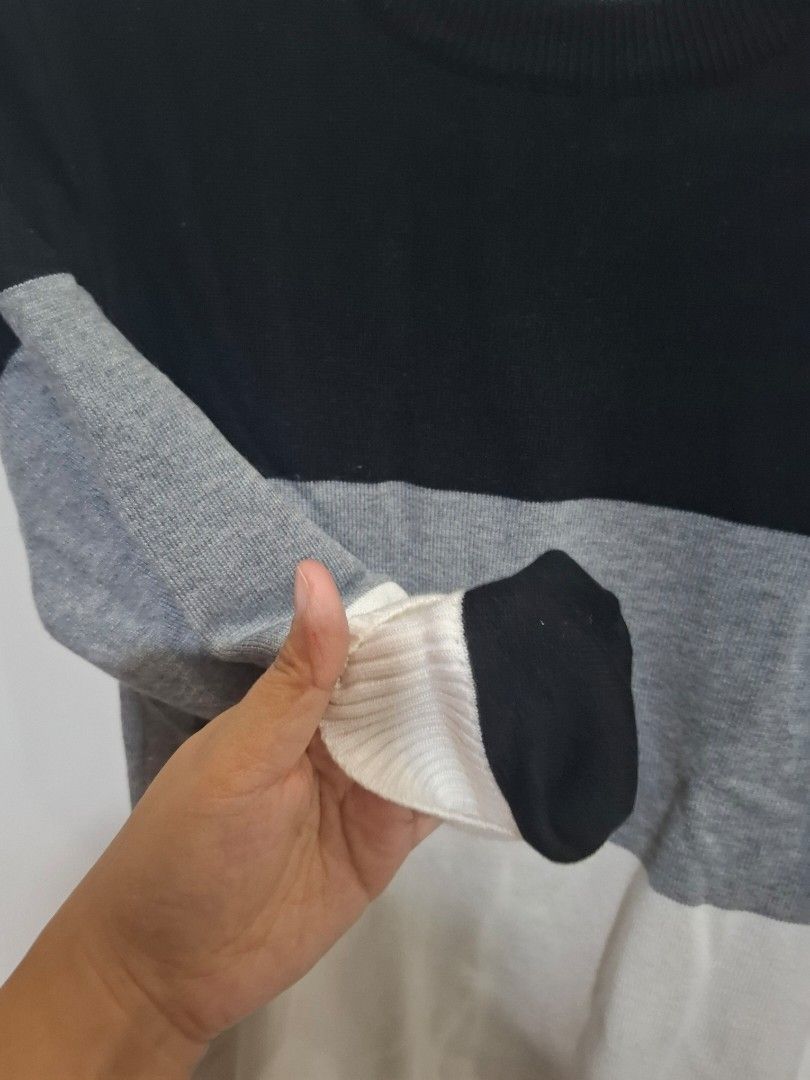 Colorblock Knit Sweater Black Grey White (Category: Babies & Kids Fashion) located in Imus. Submitted by maggieforce (Listing ID 1467935043, Image 2). Description: Long sleeve knit sweater with a colorblock design. Horizontal stripes in black, grey, and white. Ribbed crewneck, cuffs, and hem. Soft fabric, comfortable fit. Great for cooler weather layering. Easy to match with jeans or casual trousers. Clean condition, ready to wear..