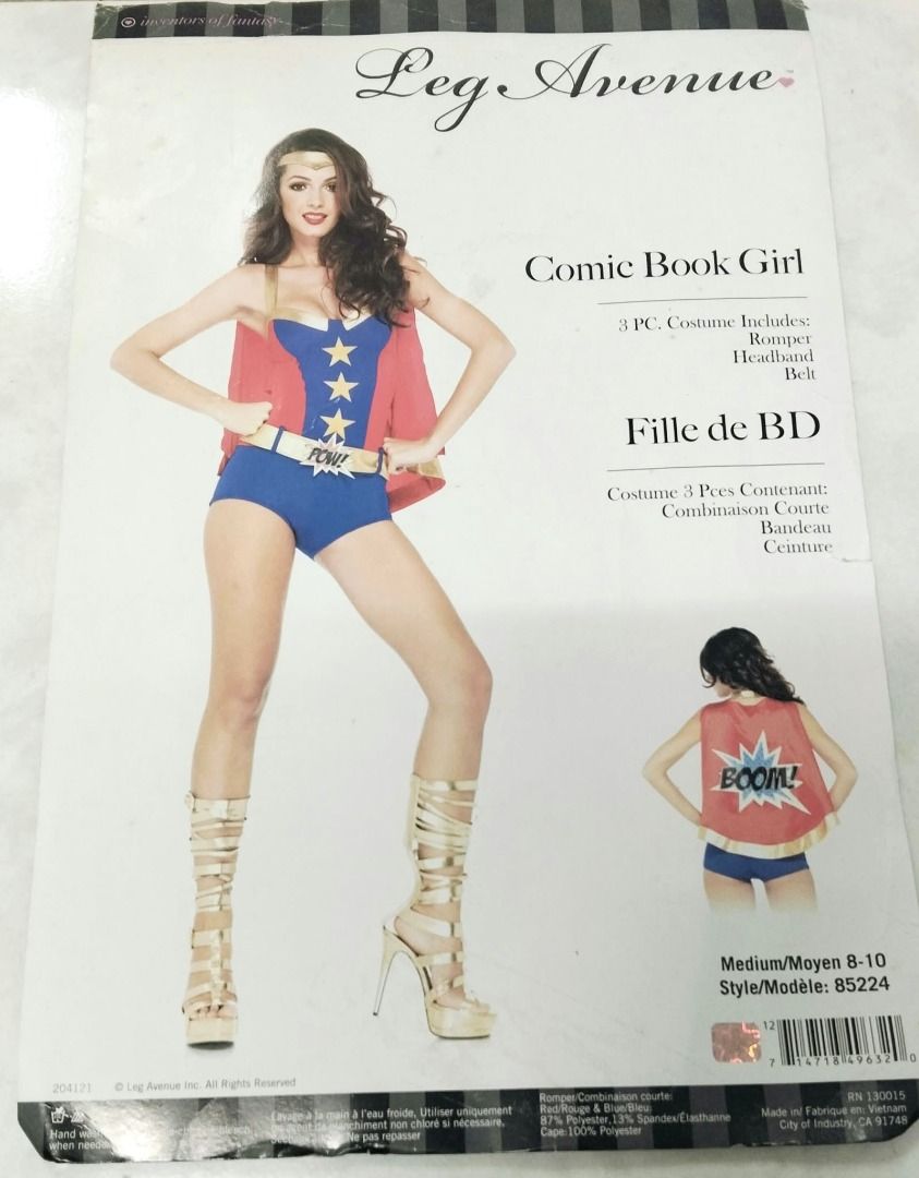 Comic Book Superhero Costume set with Cape and Mask (Category: Rompers) located in Taguig. Submitted by Bloomscorner1 (Listing ID 1468000005, Image 1). Description: - Set includes: Superhero bodysuit featuring a blue bottom, red-and-blue star-patterned torso, a matching shiny red cape with gold border and comic book 'BOOM' graphic on the back - Also includes accessories: Gold mask with black tie strings. - Pls. note, the headband is replaced by t