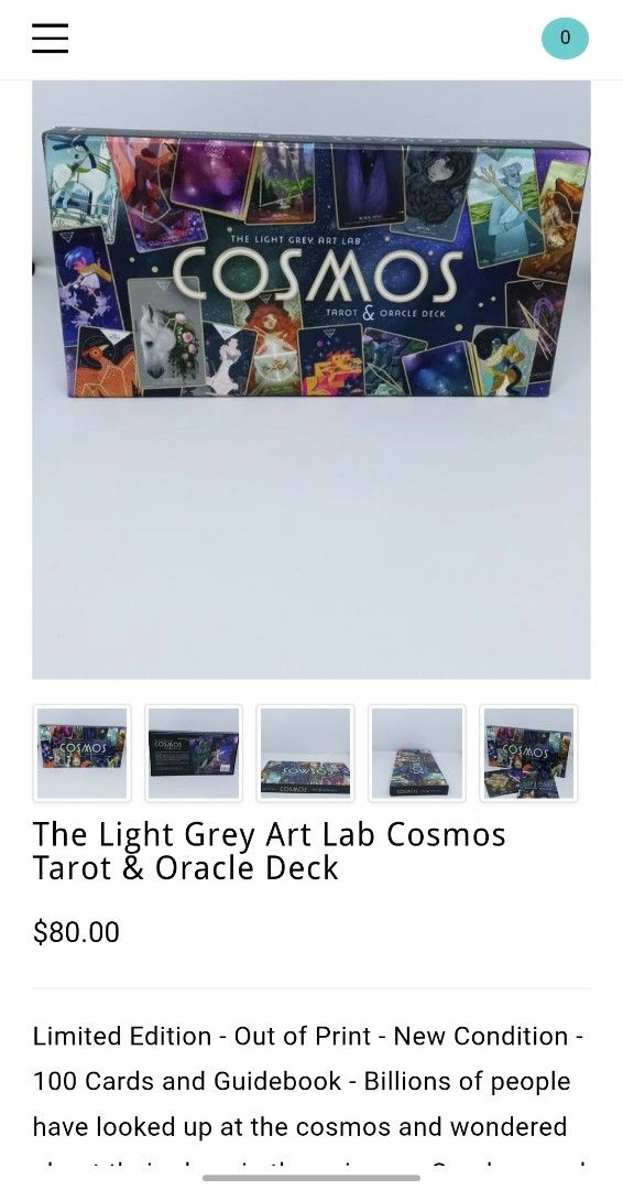 Cosmos Tarot & Oracle Deck (Category: Storybooks) located in Makati City. Submitted by modrajaf (Listing ID 1467873842, Image 2). Description: Cosmos Tarot & Oracle Deck (2nd ed.) Out of print limited edition item by Light Grey Art Lab Includes 100 cards and guidebook - 78 gilded constellation tarot cards - 22 gilded astral body oracle cards Cards still sealed in original plastic wrappers. Sturdy box packaging. .
