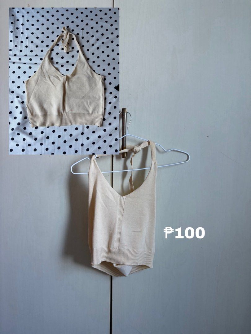 Cream Halter Neck Knit Crop Top (Category: Sleeveless) located in Sariaya. Submitted by starstore.ph (Listing ID 1467889328, Image 1). Description: - Color: Cream - Style: Halter neck crop top with V-neck front - Features: Adjustable tie straps behind the neck, ribbed hem - Material: Soft, stretchy knit fabric - Fit: Stretches easily to fit comfortably - Best for: Casual outings, daily wear, and easy pairing - Condition: Brand new / Excellent.