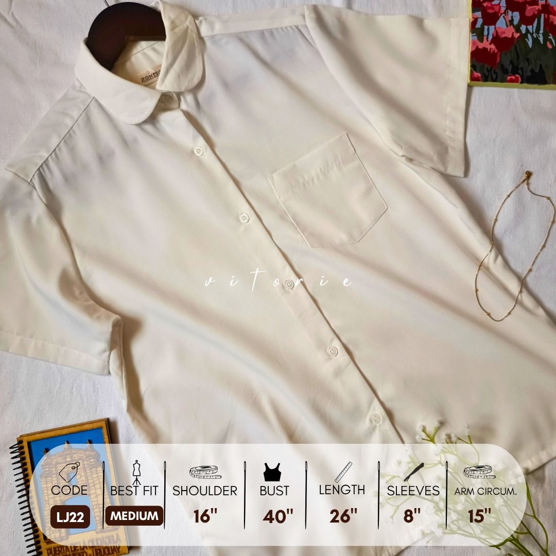 Cream Short Sleeve Peter Pan Collar Button Down Blouse (Category: Blouses) located in Cabuyao City. Submitted by vitorieclothing_lifestyle (Listing ID 1467886915, Image 1). Description: - Style: Cream short sleeve button-down shirt with a sweet Peter Pan collar and one chest pocket - Fabric: Lightweight, breathable, and very easy to style for work or casual outings - Size: Medium - Measurements: Shoulder 16", Bust 40", Length 26", Sleeves 8", Arm