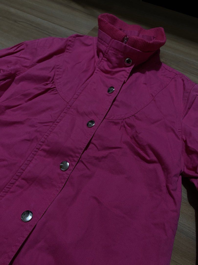 Crissa S-M (Category: Coats, Jackets and Outerwear) located in Bulacan. Submitted by Spothings (Listing ID 1467840359, Image 2). Description: - Brand: Crissa - Size: S-M - Color: Bright pink - Closure: Full zip front with snap button placket - Details: Ribbed collar, cuffs, and hem with structured yoke on chest and back - Fit/Feel: Great lightweight layer for breezy days.
