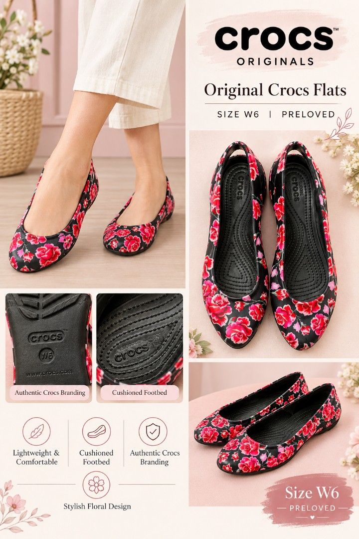 Crocs Original Floral Flats Size W6 (Category: Flats & Sandals) located in Digos. Submitted by chicandglowbargains (Listing ID 1464600320, Image 1). Description: - Original Crocs flats - Vibrant floral print - Lightweight and comfortable for everyday wear - Cushioned footbed - Durable Crocs material - Blend of comfort and feminine style - Great for work or running errands.