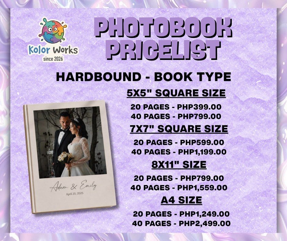 CUSTOMIZED PHOTOBOOK (Category: Art & Prints) located in Quezon City. Submitted by fetilight (Listing ID 1467893624, Image 1). Description: 📸 PHOTOBOOK PRICELIST 📚✨ Turn your memories into a book! 📌 IMPORTANT DETAILS: ✔️ Finish: Glossy and Matte finished only ✔️ Lead time: 7-10 days to make after final layout approval ✔️ Back to back print, high quality Perfect for wedding, birthday, debut, graduation, baby book! .