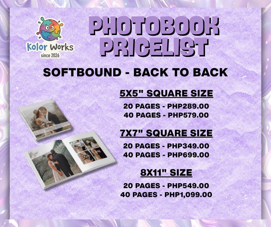 CUSTOMIZED PHOTOBOOK (Category: Art & Prints) located in Quezon City. Submitted by fetilight (Listing ID 1467893624, Image 3). Description: 📸 PHOTOBOOK PRICELIST 📚✨ Turn your memories into a book! 📌 IMPORTANT DETAILS: ✔️ Finish: Glossy and Matte finished only ✔️ Lead time: 7-10 days to make after final layout approval ✔️ Back to back print, high quality Perfect for wedding, birthday, debut, graduation, baby book! .