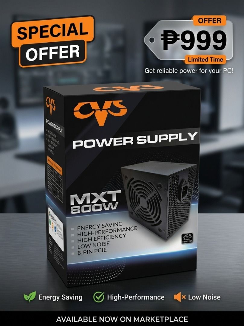 CVS MXT 800W Power Supply Unit (Category: Computer Parts) located in Santa Rosa. Submitted by sonjhazen (Listing ID 1467867429, Image 1). Description: - Brand: CVS MXT 800W Power Supply Unit (PSU) - Energy-saving and high-efficiency operation - Equipped with a low-noise fan for quiet cooling under heavy loads - Includes 8-pin PCIe support for your graphics card - Delivers reliable and stable power for desktop builds - Comes with original packagin