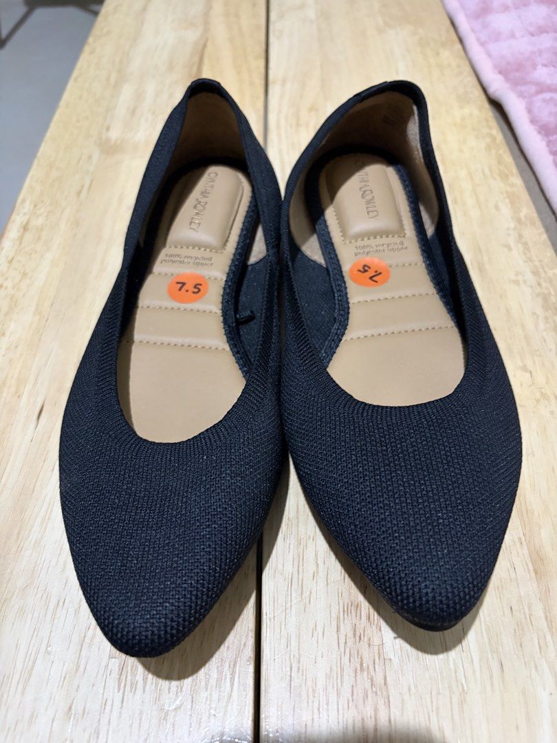 Cynthia Rowley Black Pointed Toe Flats Size 7.5 (Category: Flats & Sandals) located in Paranaque City. Submitted by greatfinds108 (Listing ID 1467876753, Image 2). Description: - Brand: Cynthia Rowley - Style: Pointed toe slip-on flats - Color: Black - Size: US 7.5 (orange sticker still attached to footbed) - Material: 100% recycled polyester knit fabric - Features: Comfortable cushioned tan inner sole, clean soles, and crisp fabric texture For p