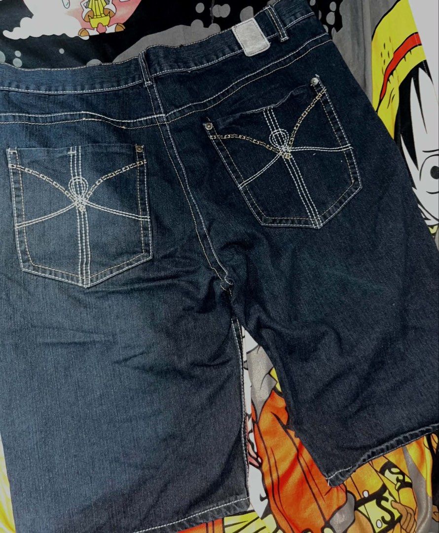 Dark wash denim shorts with embroidered back pockets (Category: Shorts) located in Manila. Submitted by xlyssaa_20 (Listing ID 1467920189, Image 1). Description: - Dark wash denim shorts with knee-length cut - Intricate white geometric stitching on back pockets - Accentuated with metal hardware and contrast stitching - Includes belt loops and back leather patch - Clean condition with minimal wear, perfect for warm weather.