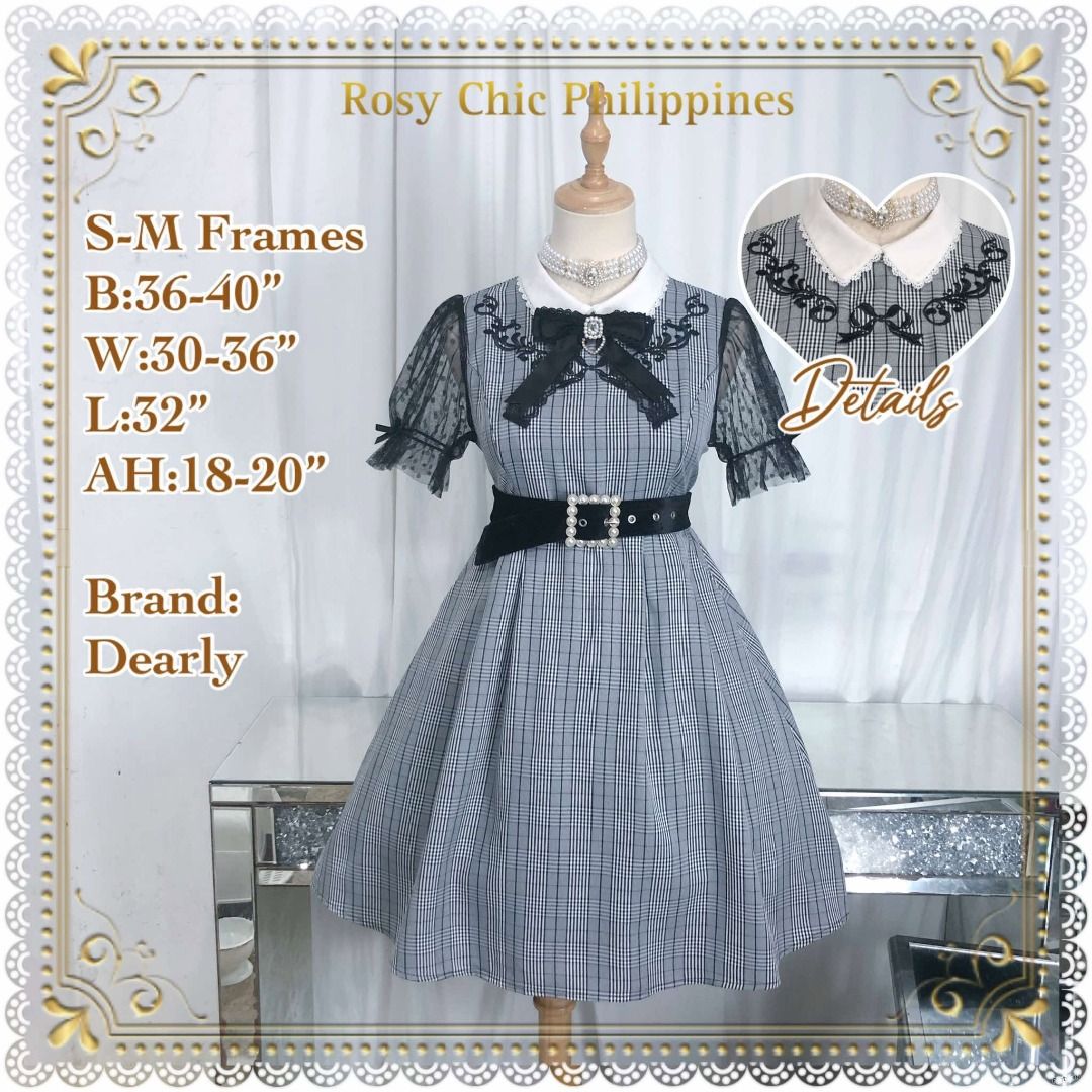 Dearly - Gray Plaid Dress (Category: Dresses) located in Manila. Submitted by liaerille (Listing ID 1467885045, Image 1). Description: - S-M Frames - Classic plaid pattern - Brand: Dearly (DearMyLove's old tag) - Measurements: B:36-40", W:30-36", L:32", AH:18-20" Purchased from Rosy Chic last May 2025! Never worn because I realized my arm is sensitive to lace ;;; Ribbon not included..