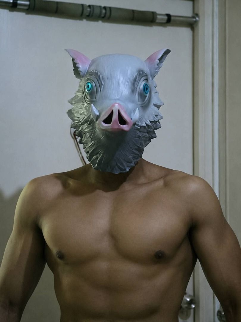 Demon Slayer - Inosuke Hashibira Boar Mask (Category: Figurines & Statues) located in Manila. Submitted by gin-sensei (Listing ID 1468040675, Image 2). Description: - Character: Inosuke Hashibira (Demon Slayer) - Design: Grey colored boar mask (Latex) - Vision: Bright blue mesh eyes with clear visibility through the snout - Fit: Standard adult head size - Ideal for: Cosplay events, Halloween parties, and collections Only wore twice during testing