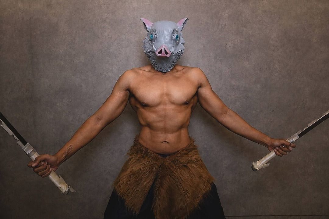 Demon Slayer - Inosuke Hashibira Boar Mask (Category: Figurines & Statues) located in Manila. Submitted by gin-sensei (Listing ID 1468040675, Image 3). Description: - Character: Inosuke Hashibira (Demon Slayer) - Design: Grey colored boar mask (Latex) - Vision: Bright blue mesh eyes with clear visibility through the snout - Fit: Standard adult head size - Ideal for: Cosplay events, Halloween parties, and collections Only wore twice during testing