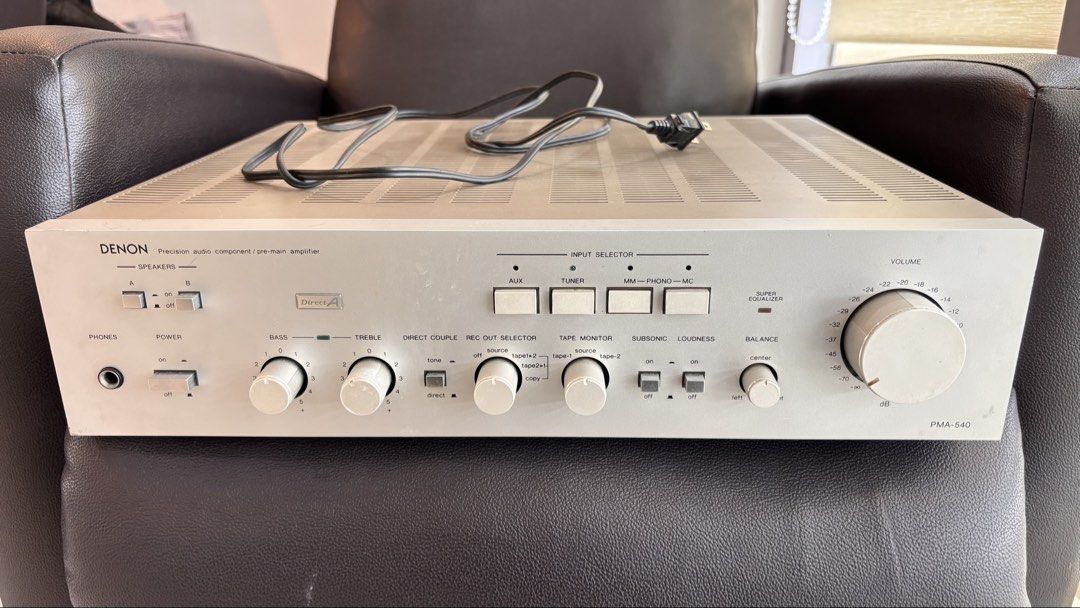 Denon PMA-540 Precision Audio Component Pre-Main Amplifier (Category: Soundbars, Speakers & Amplifiers) located in Makati City. Submitted by gotsgoods2022 (Listing ID 1467896453, Image 1). Description: - Model: Denon PMA-540 Pre-Main Amplifier - Finish: Classic silver metal faceplate - Controls: Volume, bass, treble, balance knobs, and input selector buttons - Connectivity: Speakers A and B terminals on the rear - Power Spec: Japanese model, runs