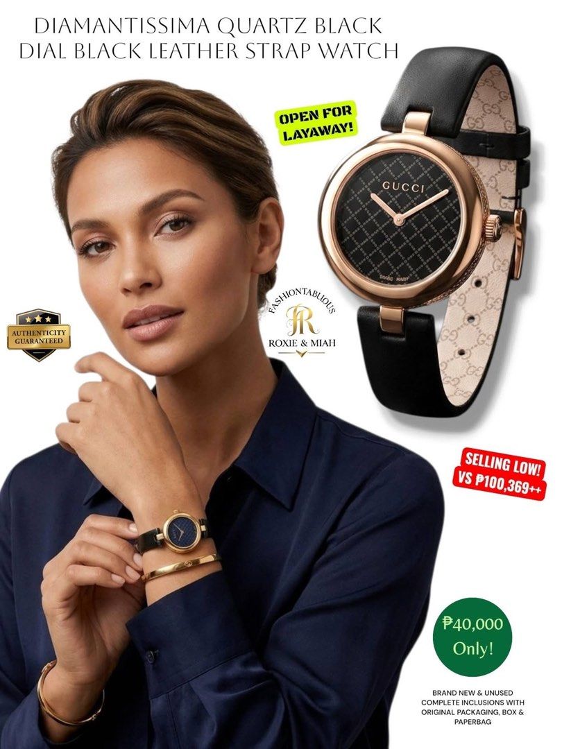Diamantissima Quartz Black Dial Black Leather Strap Watch ✨ (Category: Luxury Watches) located in Mandaluyong City. Submitted by luxprelovedbagsparadise (Listing ID 1467938499, Image 1). Description: ✨ TIMELESS STYLE NEVER GOES ON SALE… but this one just did. ⌚🖤 Why settle for ordinary when you can wear Gucci on your wrist? The Diamantissima Quartz Black Dial Black Leather Strap Watch is the definition of understated luxury—sleek, sophisticated,