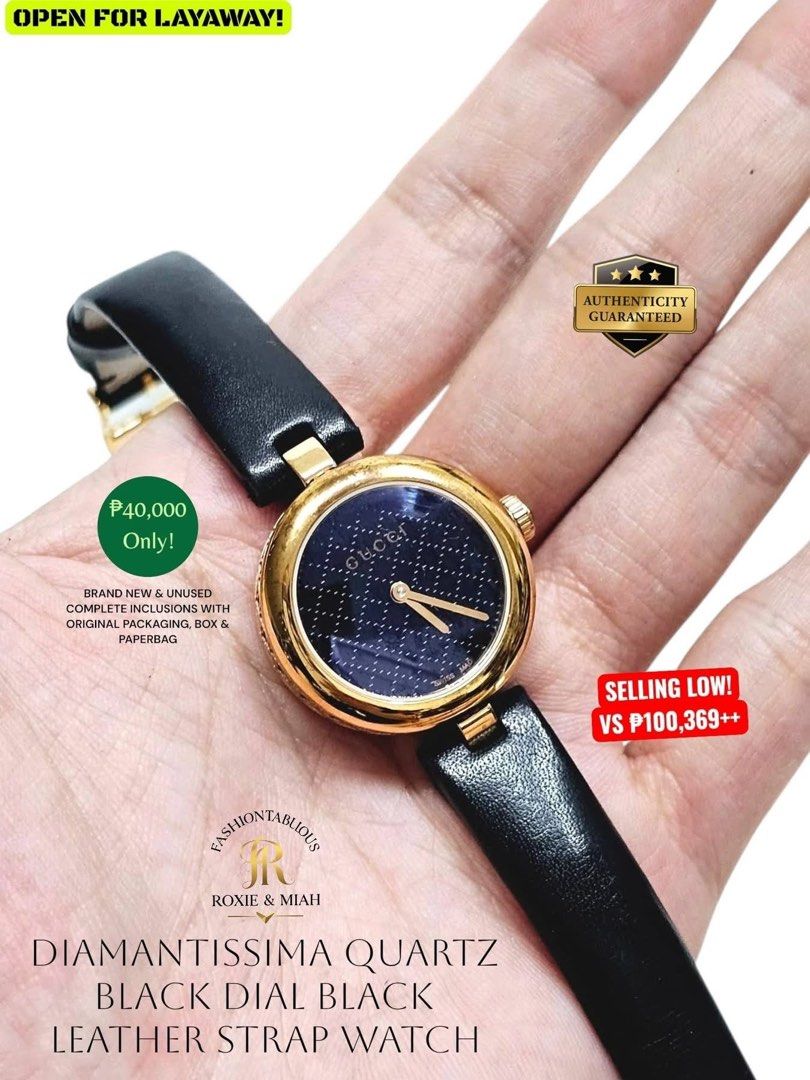 Diamantissima Quartz Black Dial Black Leather Strap Watch ✨ (Category: Luxury Watches) located in Mandaluyong City. Submitted by luxprelovedbagsparadise (Listing ID 1467938499, Image 2). Description: ✨ TIMELESS STYLE NEVER GOES ON SALE… but this one just did. ⌚🖤 Why settle for ordinary when you can wear Gucci on your wrist? The Diamantissima Quartz Black Dial Black Leather Strap Watch is the definition of understated luxury—sleek, sophisticated,