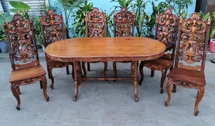 Dining table set (Category: Tables & Sets) located in Manila. Submitted by carmelites36250 (Listing ID 1467922762, Image 1). Description: 6 Seater Dining Set made of solid Red Narra Wood with high back Chairs. Restored and revarnished.. Price-28, 000 ✅ Size Table L72 x W36 x H31 Chairs L18.5 x W17 x SH18 x H50.5 all in inches.