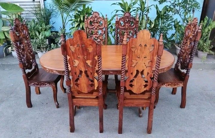 Dining table set (Category: Tables & Sets) located in Manila. Submitted by carmelites36250 (Listing ID 1467922762, Image 2). Description: 6 Seater Dining Set made of solid Red Narra Wood with high back Chairs. Restored and revarnished.. Price-28, 000 ✅ Size Table L72 x W36 x H31 Chairs L18.5 x W17 x SH18 x H50.5 all in inches.