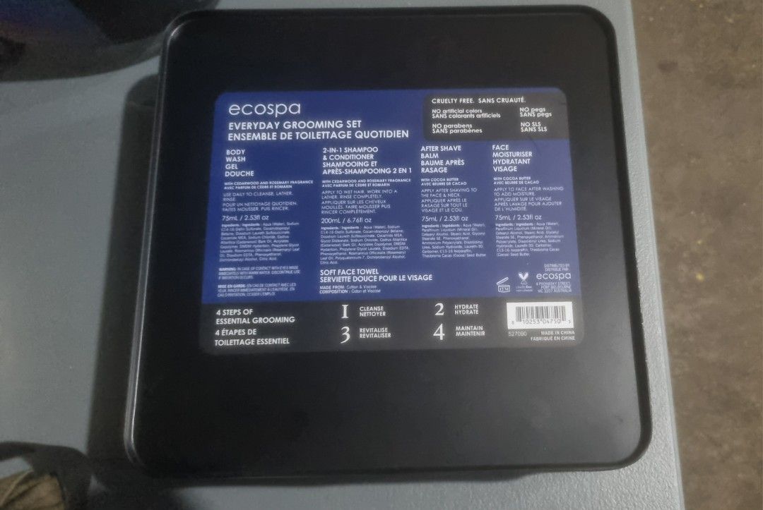 Ecospa Everyday Men's Grooming Set (Category: Men's Grooming) located in Paranaque City. Submitted by fdc_cashmoney (Listing ID 1467970121, Image 2). Description: - Brand new & unopened Ecospa Everyday Grooming Set in a black metal tin - Still sealed with original protective plastic film - 2-in-1 Shampoo & Conditioner (200ml) with cedarwood & rosemary fragrance - Body Wash (75ml) with cedarwood & rosemary fragrance - Face Moisturiser (75ml) with 