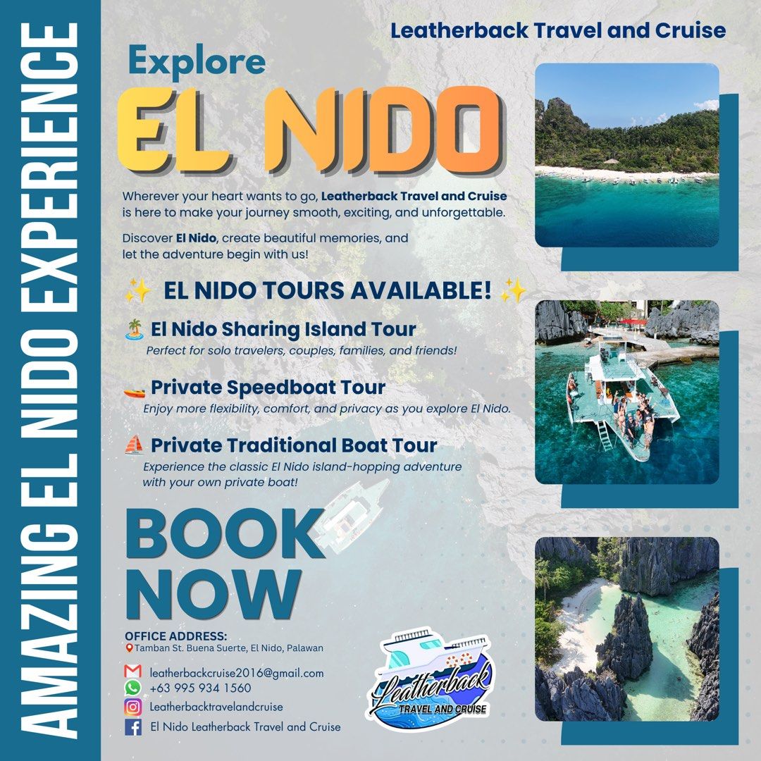 EL NIDO TOURS (Category: Local Attractions & Transport) located in Manila. Submitted by katsuwina (Listing ID 1467963519, Image 1). Description: EL NIDO TOURS Planning your next getaway to El Nido? Let a local help you make your trip unforgettable! We offer island and inland hopping tours to explore El Nido’s lagoons, crystal-clear waters, limestone cliffs, and pristine beaches. *Locally based in El Nido, Palawan (10 years in service and a local 