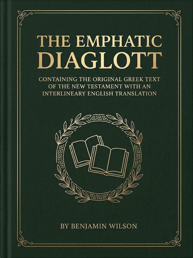 EMPHATIC DIAGLOTT by Benjamin Wilson (Category: Religion Books) located in Quezon City. Submitted by marklamsen (Listing ID 1467891297, Image 2). Description: For Sale (via PRE-ORDER) - EMPHATIC DIAGLOTT By Benjamin Wilson Fowler and Wells Co., Publishers, New York USA Copyright 1864 Printed digital copy in green hardbound cover Ideal for use by ministerial/theological students Dimension: 8.75-inch tall by 5.5-inch wide and 2-inch thick For only 