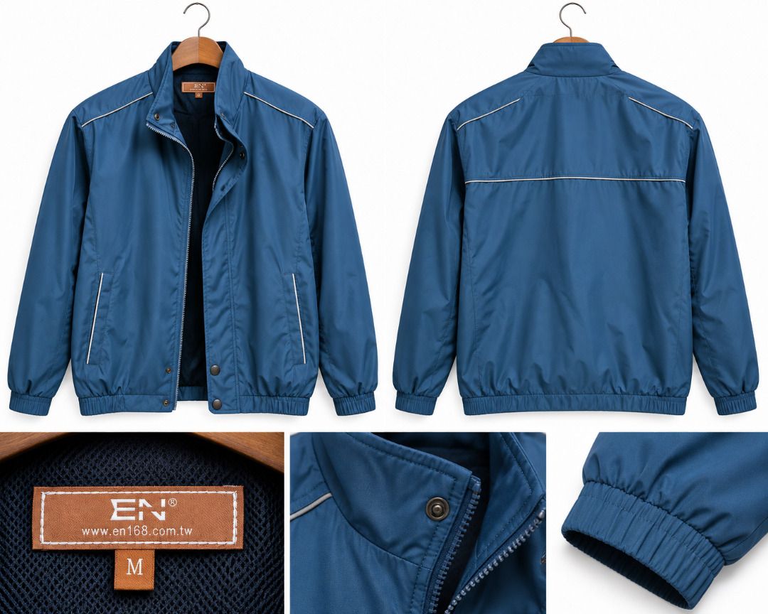 EN Blue Windbreaker Jacket Size M (Category: Coats, Jackets and Outerwear) located in Caloocan City. Submitted by zendolphin-3d21 (Listing ID 1468014153, Image 1). Description: - Brand/Model: EN zip-up jacket - Size: Medium (tag inside) - Color: Blue with dark interior lining - Collar: Stand collar with snap button closure - Safety/Style: Reflective piping across shoulders and back - Function: Two front zippered pockets, elastic cuffs, and ribbed