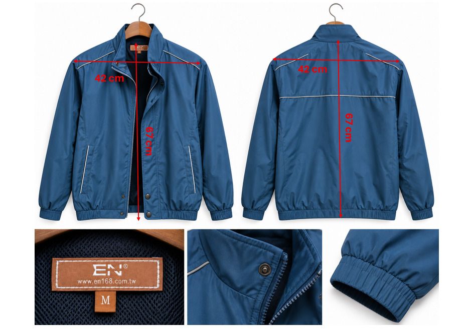 EN Blue Windbreaker Jacket Size M (Category: Coats, Jackets and Outerwear) located in Caloocan City. Submitted by zendolphin-3d21 (Listing ID 1468014153, Image 2). Description: - Brand/Model: EN zip-up jacket - Size: Medium (tag inside) - Color: Blue with dark interior lining - Collar: Stand collar with snap button closure - Safety/Style: Reflective piping across shoulders and back - Function: Two front zippered pockets, elastic cuffs, and ribbed