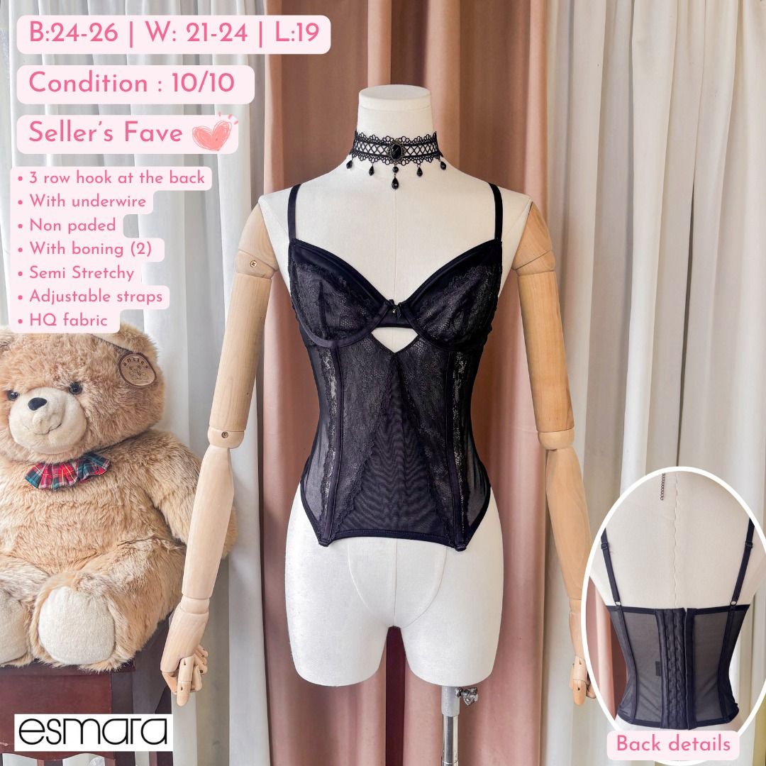 esmara - Black Lace Corset Top (Category: Undergarments & Loungewear) located in General Trias. Submitted by Ashantyscollezion (Listing ID 1467948208, Image 1). Description: ✏️ 𝘒𝘪𝘯𝘥𝘭𝘺 𝘕𝘰𝘵𝘦: - 𝘗𝘭𝘦𝘢𝘴𝘦 𝘤𝘩𝘦𝘤𝘬 𝘢𝘭𝘭 𝘥𝘦𝘵𝘢𝘪𝘭𝘴 𝘪𝘯 𝘵𝘩𝘦 𝘤𝘢𝘱𝘵𝘪𝘰𝘯𝘴. - 𝘋𝘪𝘮𝘦𝘯𝘴𝘪𝘰𝘯𝘴 𝘢𝘭𝘳𝘦𝘢𝘥𝘺 𝘰𝘯 𝘵𝘩𝘦 𝘱𝘩𝘰𝘵𝘰. -𝘱𝘦𝘵𝘵𝘪𝘤𝘰𝘢𝘵, 𝘳𝘪𝘣𝘣𝘰𝘯 𝘢𝘯𝘥 𝘰𝘵𝘩𝘦𝘳 𝘴𝘵𝘺𝘭𝘪𝘯𝘨 𝘪𝘵𝘦𝘮𝘴 𝘢𝘳𝘦 𝘯𝘰𝘵 𝘪𝘯𝘤𝘭𝘶𝘥𝘦𝘥. 