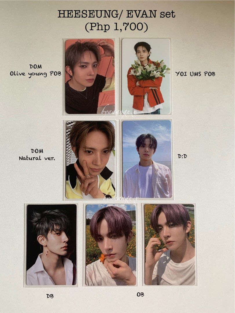 EVAN/ HEESEUNG Photocard Set (Category: K-Wave Merchandise) located in Tagbilaran City. Submitted by byaaangx.x (Listing ID 1467906054, Image 1). Description: Heeseung/ Evan photocards Includes DOM Olive Young POB, YOI UMS POB, DOM Natural version, D:D, DB, and OB photocards - Price: PHP 1,700 for the full set - Condition: All cards kept in sleeves - Selling as a bundle only.