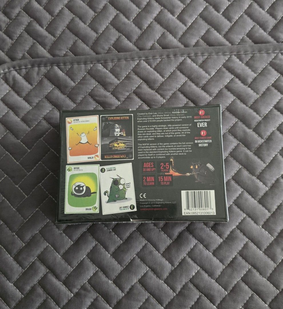 Exploding Kittens (Category: Board Games & Puzzles) located in Singapore. Submitted by rwuzzzy14 (Listing ID 1467946073, Image 2). Description: - Exploding Kittens (NSFW Edition) - Brand new, fully sealed in plastic wrapping - Negotiable 😊.