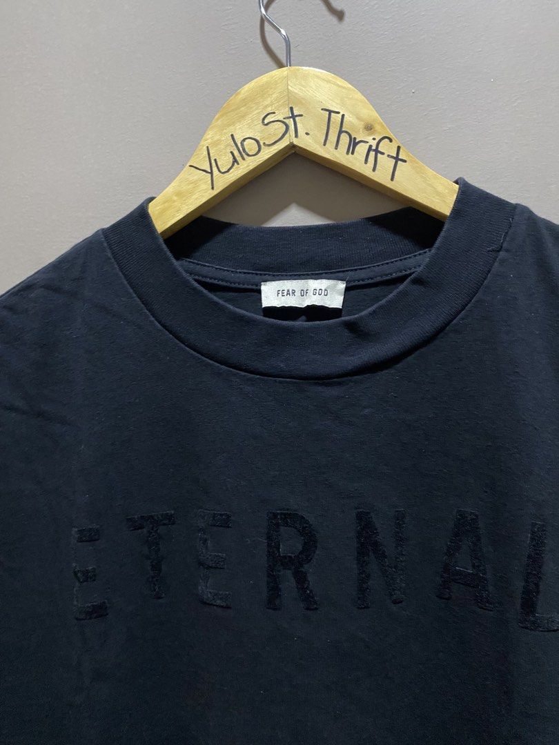 Fear of god (Category: Tshirts & Polo Shirts ) located in Iloilo. Submitted by yulostreet.thrift (Listing ID 1467983409, Image 3). Description: Fear of god eternal Complete tags 24.5Wx29L Best fit XL Features a spellout on the front, material of the spellout is gamuza. 9.7/10 CR Excellent condition.