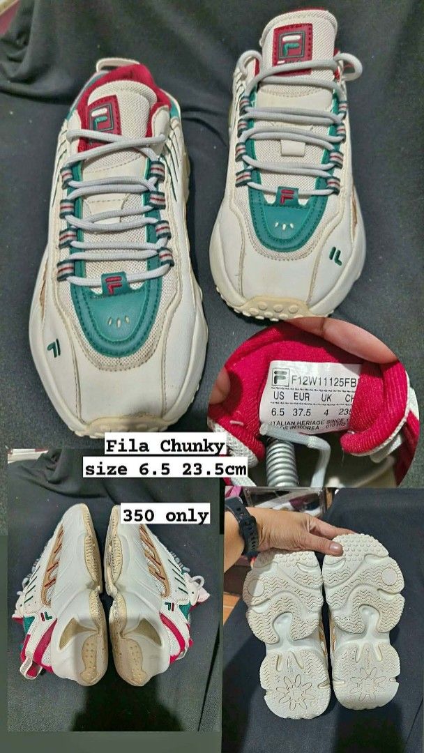 Fila Chunky Sneakers Size US 6.5 (Category: Sneakers) located in Manila. Submitted by kiyanna.preloved (Listing ID 1468008325, Image 1). Description: - Brand: Fila chunky sneakers - Colorway: White, green, and red - Size: US 6.5 / EUR 37.5 / 23.5cm - Features: Classic lace-up front, branded tongue and side details, chunky rubber sole with great grip - Condition: Normal signs of wear on soles and uppers - Perfect for comfortable daily wear.