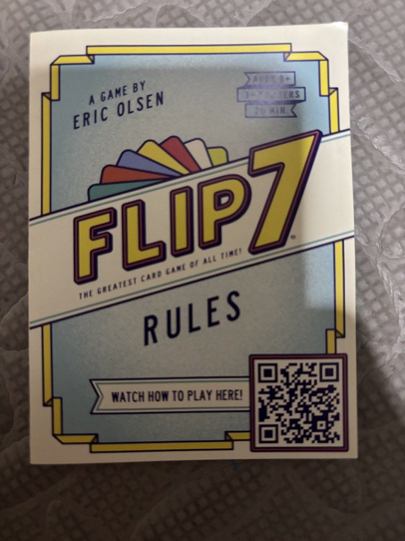 Flip 7 (Category: Board Games & Puzzles) located in Pasig City. Submitted by johndarell47046 (Listing ID 1467886631, Image 3). Description: - Product: Flip 7 Card Game by Eric Olsen (The Op Games) - Condition: Brand new, sealed in box - Gameplay: Press your luck and race to 200 points - Details: For 3+ players, ages 8 and up, approx. 20-minute playtime - Inclusions: Deck of numbered cards, rulebook with QR code for video instructions .
