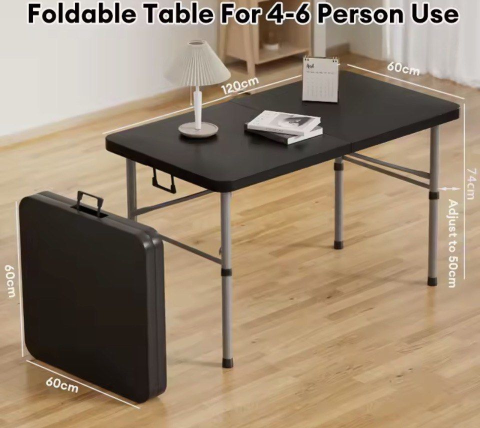 Foldable Table 120cm Black Portable Dining Desk (Category: Tables & Sets) located in Cebu City. Submitted by modelrunway (Listing ID 1467871191, Image 1). Description: - Dimensions: 120cm x 60cm with adjustable height from 50cm to 74cm - Capacity: Comfortably seats 4 to 6 people - Portable: Folds in half into a compact square suitcase with a built-in carry handle - Sturdy: Features secure-locking metal legs for stability - Multi-purpose: Ideal fo