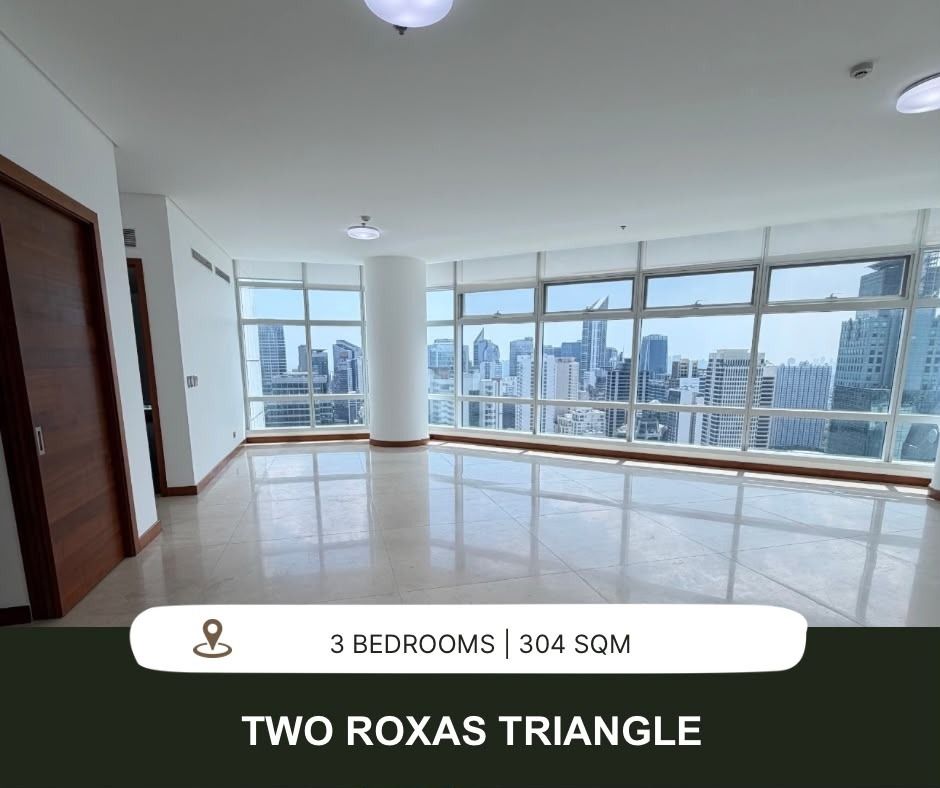FOR LEASE: 3 BEDROOM AT TWO ROXAS TRIANGLE (Category: Apartments & Condos) located in Makati City. Submitted by remaxcapital_anyaambrosio (Listing ID 1467890343, Image 1). Description: FOR LEASE: TWO ROXAS TRIANGLE, MAKATI (Direct Listing) No of Bedrooms: 3 Area: 304 sqm Other details: - Semi-furnished - 12th Floor Parking: 3 parking slots LEASE PRICE: PHP 320,000/month (Inclusive of dues) Please do not hesitate to contact us if you are intereste