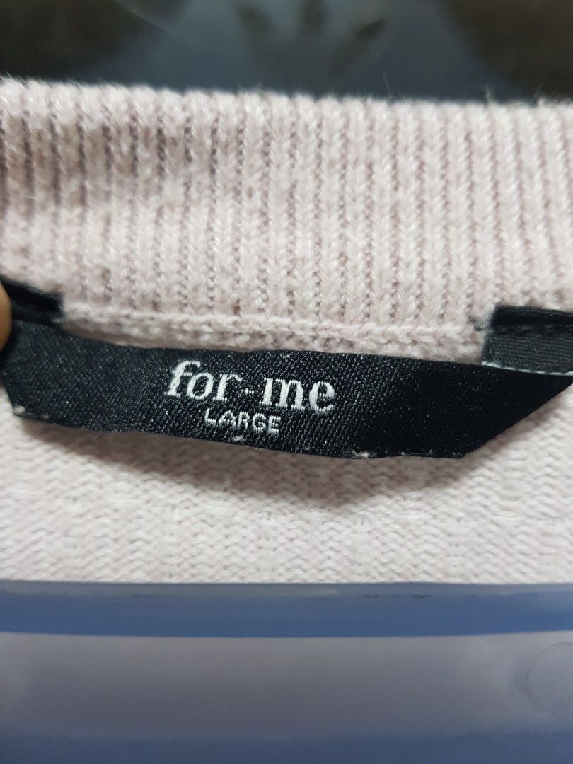 For Me Pink Knitted Shirt (Category: Coats, Jackets and Outerwear) located in Baguio. Submitted by soonshimcart (Listing ID 1467854085, Image 2). Description: - Brand: for-me - Size: Large - Color: Pink - Style: Crew neck, short sleeves - Features: Textured fabric pattern, ribbed collar and hem - Material: Soft, ideal for layering - Condition: Clean overall.